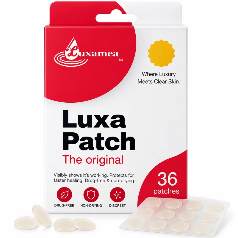 LUXAMEA Luxa Patch red and white packaging, with a sheet of patches
