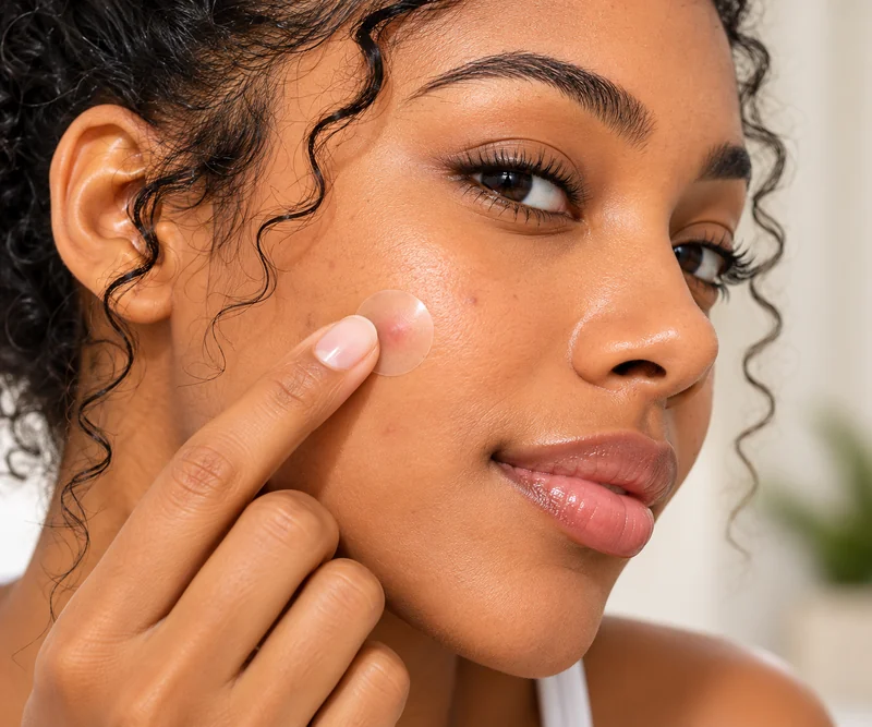 A woman applying a clear patch to her cheek